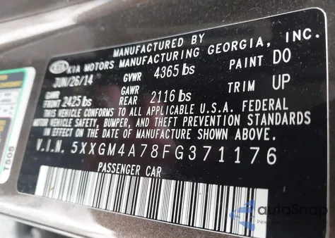 2015 Kia Optima Lx из США, поврежденный, VIN 5XXGM4A78FG371176